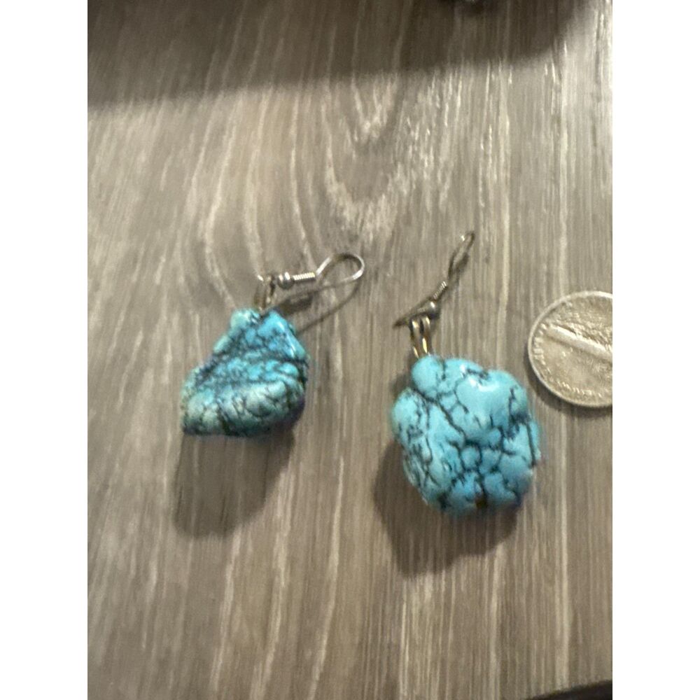 Vintage Raw Turquoise Nugget Drop Dangle Earrings Silver Tone French Hook